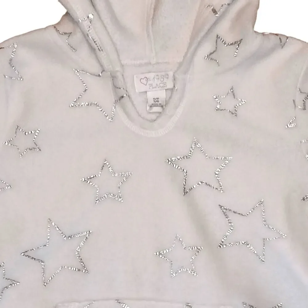 Children's Place Fleece Pullover Hoodie White Silver Glitter Stars Girls Sz S 6